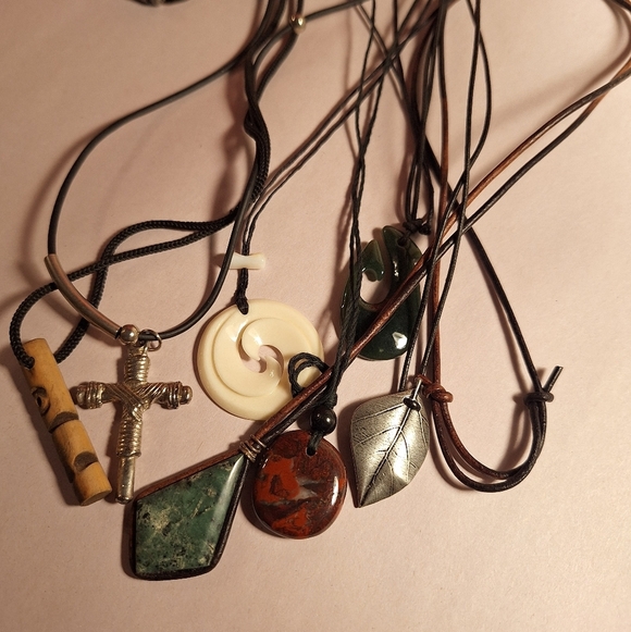 7 Unisex Corded Necklaces Some Natural Elements Cross Stones Rugged Hippie BEACH - Picture 1 of 4
